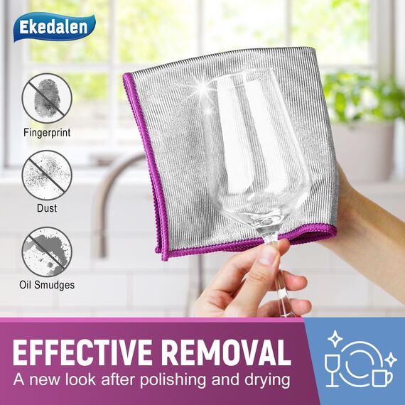 Ekedalen 6X Glastücher Mikrofasertücher Fenstertuch Streifenfrei, Glaspoliertücher Mikrofaser Putztücher Reinigungstuch für Kristallklare & Streifenfreie Scheiben, 30x30cm, Violett