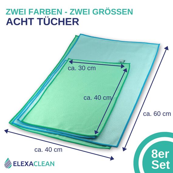 ELEXACLEAN Fenstertuch streifenfrei, Mikrofaser Scheibentuch (8 Stück, 60x40 cm & 40x30 cm) Oeko-TEX® Standard 100 - Glas Putztücher