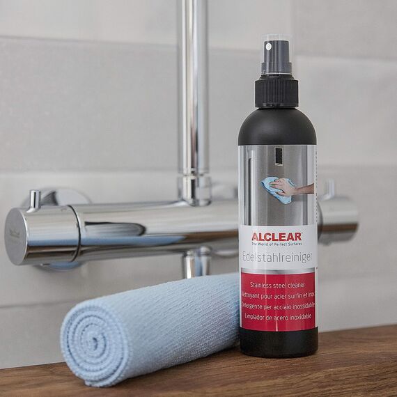 ALCLEAR 721ER Edelstahlreiniger Set + Mikrofasertuch - Reiniger für Edelstahlflächen, streifenfrei fettlösend für Küche, Kühlschrankfront, Dunstabzug & mehr – Reinigung ohne Politur – Made in Germany