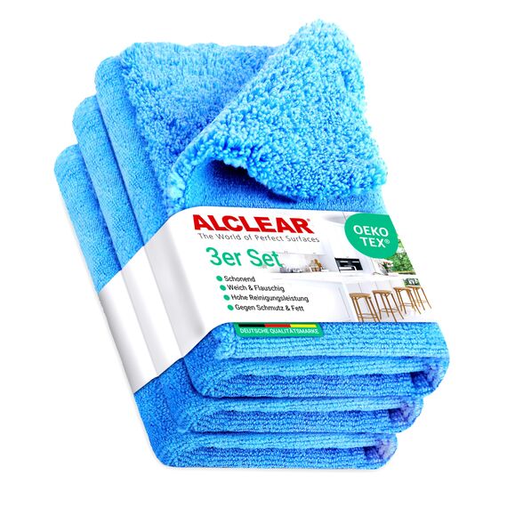 ALCLEAR 820203K_3 Mikrofasertücher 3er Set 40x40 cm – für Hochglanzküche, Möbelfronten, Lack, Kunststoff, Glas, fusselfrei, streifenfrei, ultraschallgeschnitten, nebelfeucht nutzbar, waschbar 60° C