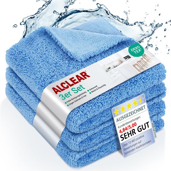ALCLEAR 820203K_3 Mikrofasertücher 3er Set 40x40 cm – für Hochglanzküche, Möbelfronten, Lack, Kunststoff, Glas, fusselfrei, streifenfrei, ultraschallgeschnitten, nebelfeucht nutzbar, waschbar 60° C