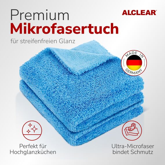 ALCLEAR 820203K_3 Mikrofasertücher 3er Set 40x40 cm – für Hochglanzküche, Möbelfronten, Lack, Kunststoff, Glas, fusselfrei, streifenfrei, ultraschallgeschnitten, nebelfeucht nutzbar, waschbar 60° C