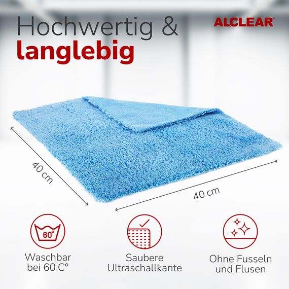 ALCLEAR 820203K_3 Mikrofasertücher 3er Set 40x40 cm – für Hochglanzküche, Möbelfronten, Lack, Kunststoff, Glas, fusselfrei, streifenfrei, ultraschallgeschnitten, nebelfeucht nutzbar, waschbar 60° C