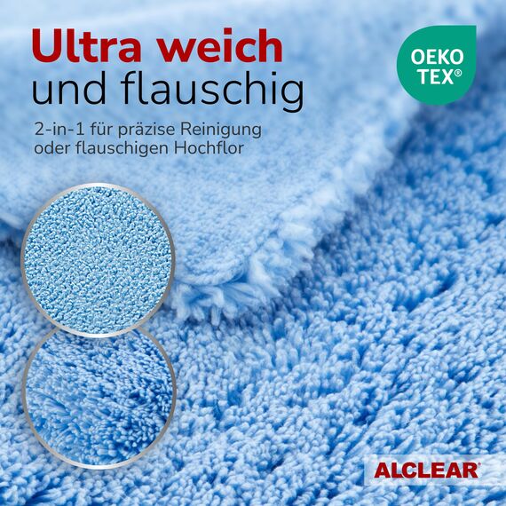 ALCLEAR 820203K_2 Mikrofasertücher 2er Set 40x40 cm – für Hochglanzküche, Möbelfronten, Lack, Kunststoff, Glas, fusselfrei, streifenfrei, ultraschallgeschnitten, nebelfeucht nutzbar, waschbar 60° C