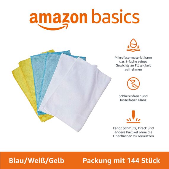 Amazon Basics Mikrofaser Reinigungstuch, 30.5 x 40.6 cm, 144 Stück, Mehrfarbig