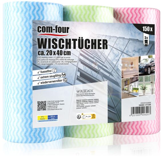 com-four® 150x Putztücher auf Rolle - Reinigungstücher für Küche, Bad und Haushalt - Mehrzweck-Lappen in 3 Farben - Putzlappen (0150 Blatt - 20x40cm - 3 Farben)