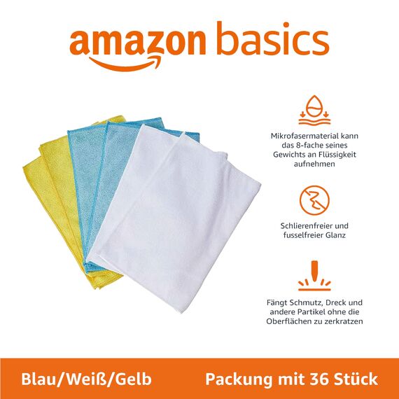Amazon Basics Mikrofaser- Reinigungstuch, 36 Stück, Bunt, 30.5 x 40.5 cm