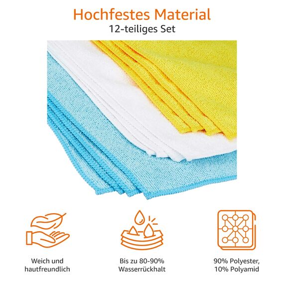 Amazon Basics Mikrofaser Reinigungstuch, 12 Stück, Mehrfarbig, 30.5 L x 40.5 B cm