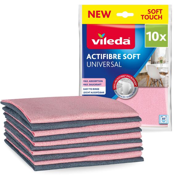 Vileda Actifibre Soft Universal, 10er Set MikrofasertüCher - streifenfreie ReinigungstüCher mit extrem hoher Saugkraft für Küchen & Bad - saugstarkes Mikrofasertuch ohne Chemie - Rosa & Grau