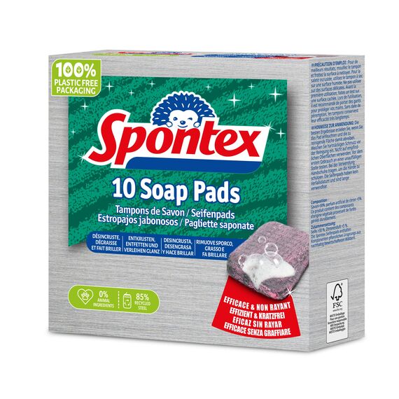 Spontex Seifenpads x10 Pack – kratzfreie Reinigungspads aus Stahlwolle mit 30% Seifenanteil - Für hartnäckige Verkrustungen und Starke, fetthaltige Verschmutzung