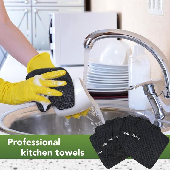 KinHwa Spültuch schwarz Spüllappen schwarz Waffeltuch Mikrofasertuch waschbar Spültücher für Küche Dicke Putzlappen Fusselfrei 20cmx20cm 6 Stück
