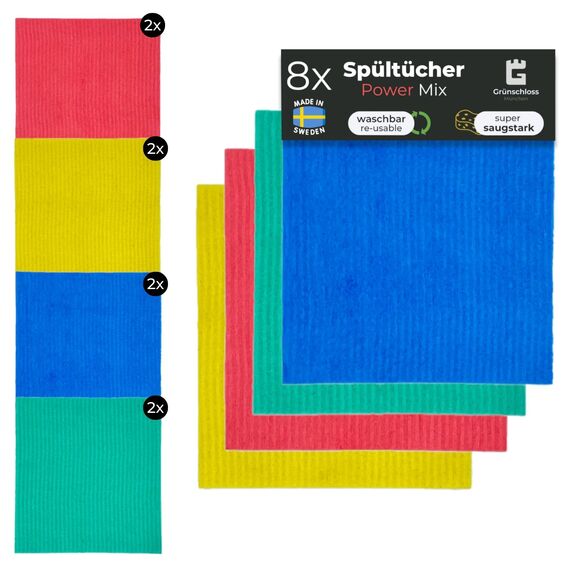 Grünschloss Putzlappen waschbar bunt (8X) mehrfarbige Baumwoll Spüllappen Küche, Bad & Toilette Reinigungstücher (Made in Sweden) saugstarke Schwammtuch Putzlappen 4 Farben System (Power)