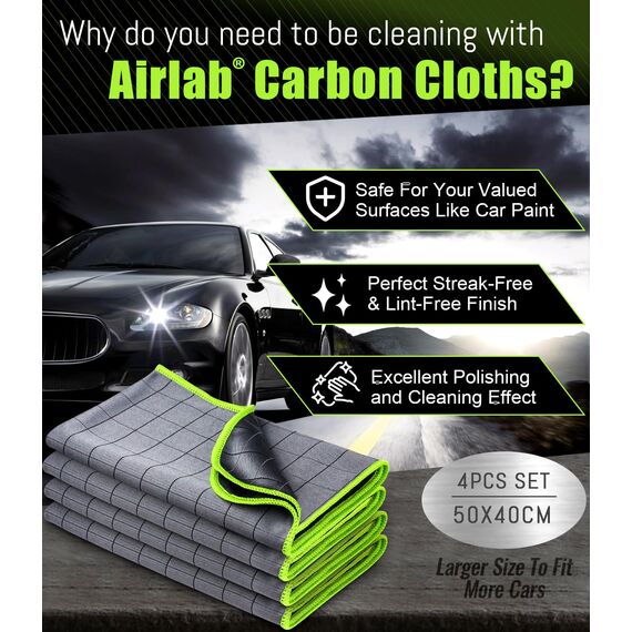 Airlab 4X Mikrofasertuch Carbon Tücher Auto, 50x40 cm Fenstertuch Poliertuch für Kristallklare & Streifenfreie Scheiben, Carbon Mikrofaser Putztücher Glastücher Reinigungstücher, Grün, 400GSM