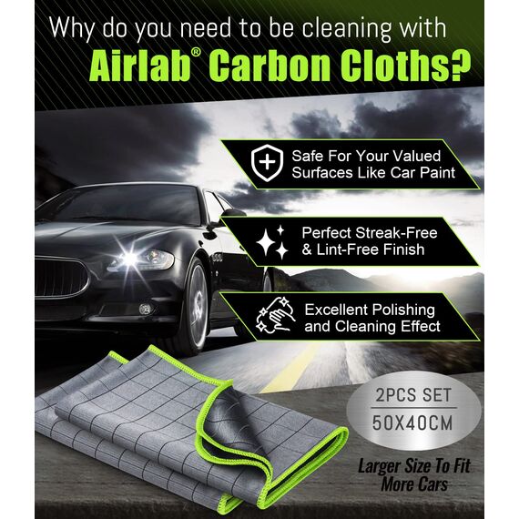 Airlab 2X Mikrofasertuch Carbon Tücher Auto, 50x40 cm Fenstertuch Poliertuch für Kristallklare & Streifenfreie Scheiben, Carbon Mikrofaser Putztücher Glastücher Reinigungstücher, Grün, 400GSM