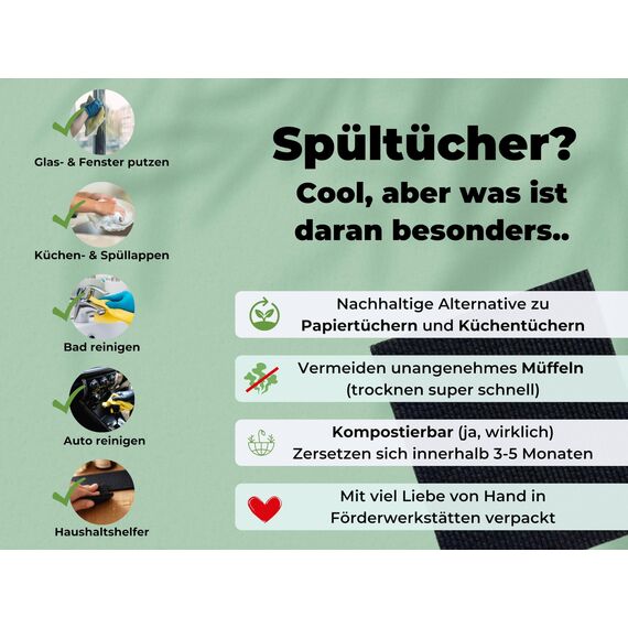 Grünschloss Spüllappen schwarz (8X) schwedische Spültücher waschbar - saugstarke Schwammtücher schwarz aus Holz-Zellstoff & Baumwolle Putzlappen - Schwarze Küchenlappen, Geschirrlappen modern