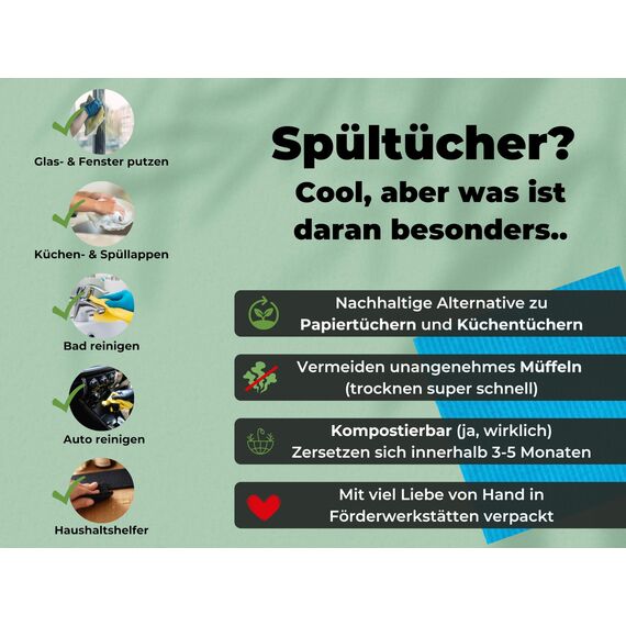 Grünschloss Spüllappen bunt waschbar (8X) schwedische Baumwoll Spültücher (Baumwolle + Holz) Schwammtücher saugfest Küche Putzlappen in 4 Farben System Skandi Stil natürliche Reinigungstücher