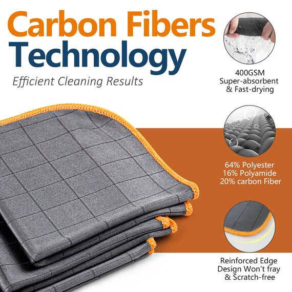 Airlab 3X Carbon Tücher Fensterputztücher, Mikrofasertücher Auto Fenstertuch Streifenfrei, Mikrofaser Putztücher Glastuch Carbon Lappen für Kristallklare & Streifenfreie Scheiben, Orange, 400 GSM