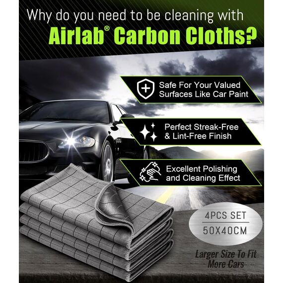 Airlab 4X Mikrofasertuch Carbon Tücher Auto, 50x40 cm Fenstertuch Poliertuch für Kristallklare & Streifenfreie Scheiben, Carbon Mikrofaser Putztücher Glastücher Reinigungstücher, Grau, 400GSM