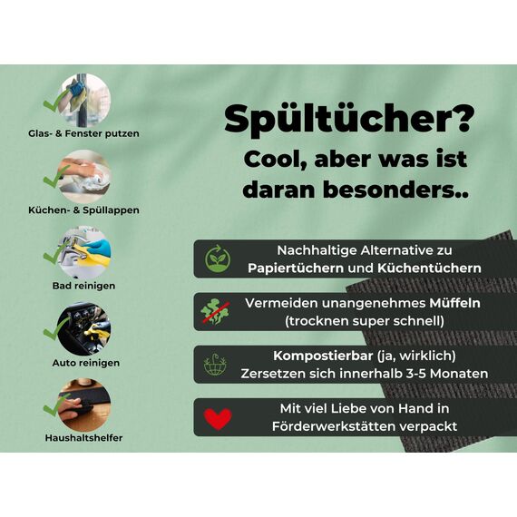 Grünschloss Spüllappen grau (3X) Spültücher waschbar dunkelgrau Putzlappen Baumwolle & Holz-Zellstoff (Made in Sweden) Schwammtücher Küche saugstark - Abwaschlappen Küche, modern & hygienisch