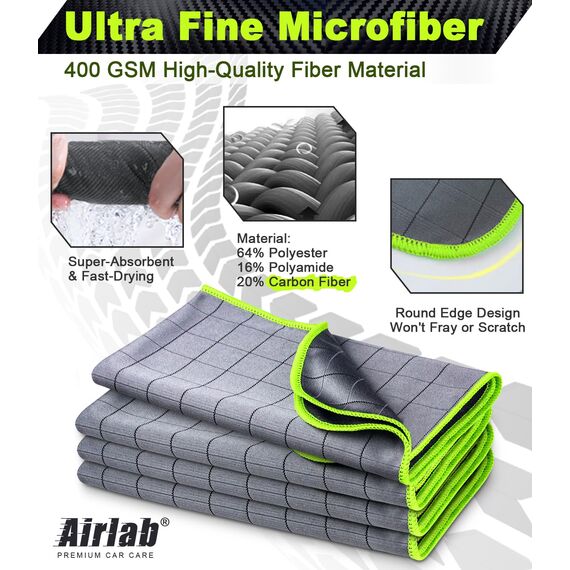 Airlab 4X Mikrofasertuch Carbon Tücher Auto, 50x40 cm Fenstertuch Poliertuch für Kristallklare & Streifenfreie Scheiben, Carbon Mikrofaser Putztücher Glastücher Reinigungstücher, Grün, 400GSM