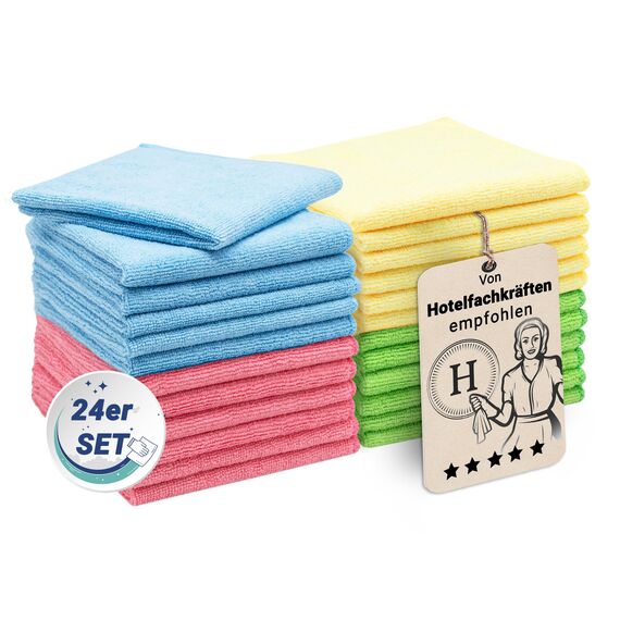 ZOLLNER 24er Set Mikrofasertücher für streifenfreien Glanz - flusenfreie und saugstarke Reinigungstücher - waschbar bis 60°C - Mehrfarbig in 32x32cm - Hotelqualität