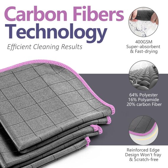 Airlab Fensterputztücher Carbon Tücher 400 GSM, Fenstertuch Streifenfrei Putztücher, Mikrofasertücher Glas Fenster Auto, Reinigungstuch Carbon Lappen für Kristallklare & Streifenfreie Scheiben, Lila