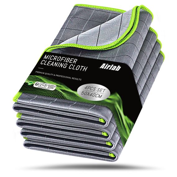 Airlab 4X Mikrofasertuch Carbon Tücher Auto, 50x40 cm Fenstertuch Poliertuch für Kristallklare & Streifenfreie Scheiben, Carbon Mikrofaser Putztücher Glastücher Reinigungstücher, Grün, 400GSM