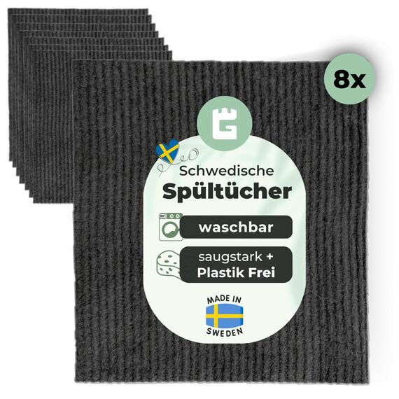 Grünschloss Spültücher Spüllappen grau dunkel (8X) waschbare Putzlappen Baumwolle & Holz-Zellstoff (Made in Sweden) Schwammtuch Küche extra saugstark - Abwaschlappen Küche, modern & hygienisch