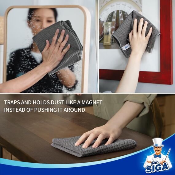 MR.SIGA Waffeltücher Mikrofasertuch, wiederverwendbar Putztücher saugfähige Reinigungstücher Mikrofaser Lappen Putztücher Fenster Tücher Mikrofasertücher Geschirrtücher, 6 Stücke, Grau