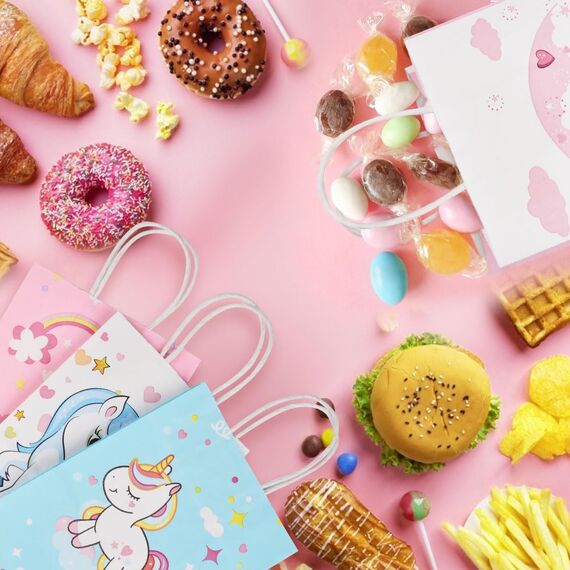 Flintronic 12 Stück Papiertüten, Geschenktüten Kindergeburtstage, Einhorn Papiertüten Papier Tüten, 21cm * 15cm * 8cm Candy Tüten, Verpacken von Geschenken, Hochzeit, Party