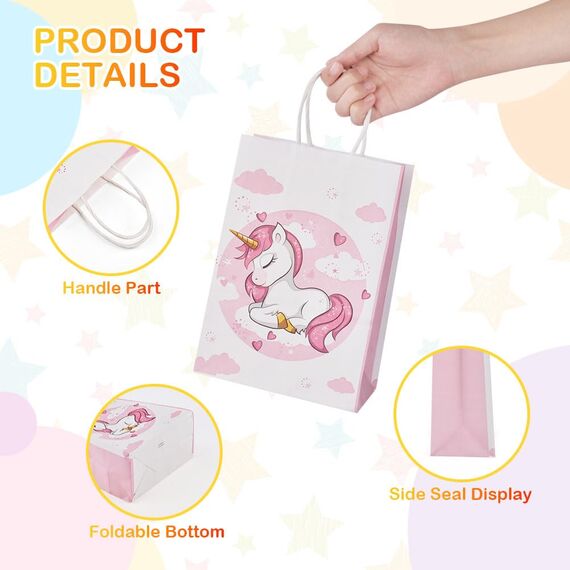 Flintronic 12 Stück Papiertüten, Geschenktüten Kindergeburtstage, Einhorn Papiertüten Papier Tüten, 21cm * 15cm * 8cm Candy Tüten, Verpacken von Geschenken, Hochzeit, Party