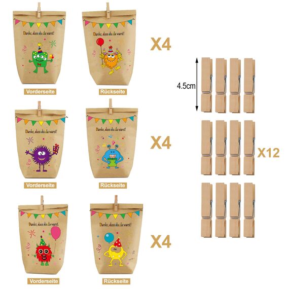 Monster Geschenktüten Monster Papiertüten, 12 süßen Monster Tüten mit 6 Verschiedenen süßen Monstermotiven für Mitgebsel, Kinder Geschenke, Gast, Giveaways, Kindergeburtstag, Halloween Party