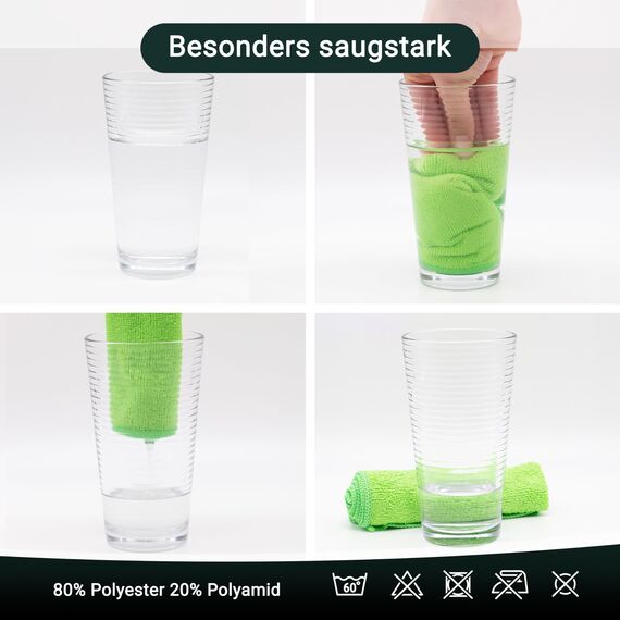 ZOLLNER 10er Set Mikrofasertücher für streifenfreien Glanz - flusenfreie und saugstarke Reinigungstücher - waschbar bis 60°C - 32x32cm in grün - Hotelqualität