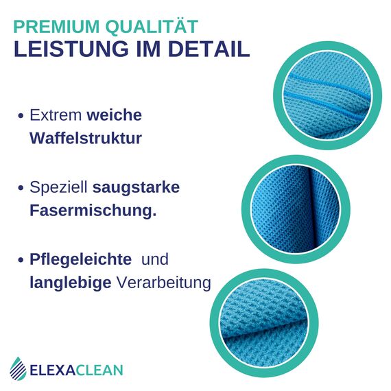 ELEXACLEAN Mikrofaser Trockentuch, Premium Waffeltuch (4 Stück, 60x40 cm, Blau) superweiche Qualität für Auto, Glas, Küche, Geschirr, Bad