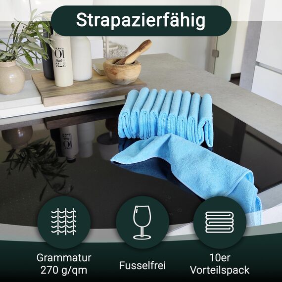 ZOLLNER 10er Set Mikrofasertücher für streifenfreien Glanz - flusenfreie und saugstarke Reinigungstücher - waschbar bis 60°C - 32x32cm in blau - Hotelqualität