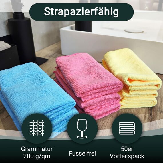 ZOLLNER 50er Set Mikrofasertücher für streifenfreien Glanz - flusenfreie und saugstarke Reinigungstücher - waschbar bis 60°C - 32x32cm - Hotelqualität