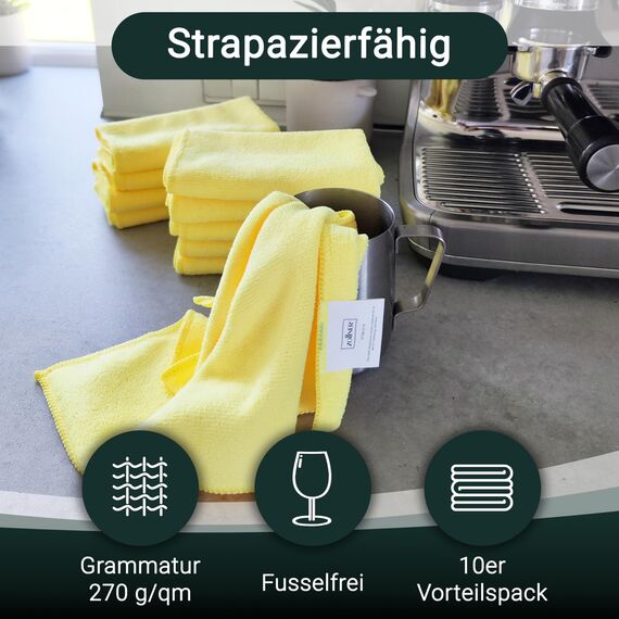 ZOLLNER 10er Set Mikrofasertücher für streifenfreien Glanz - flusenfreie und saugstarke Reinigungstücher - waschbar bis 60°C - 32x32cm in gelb - Hotelqualität
