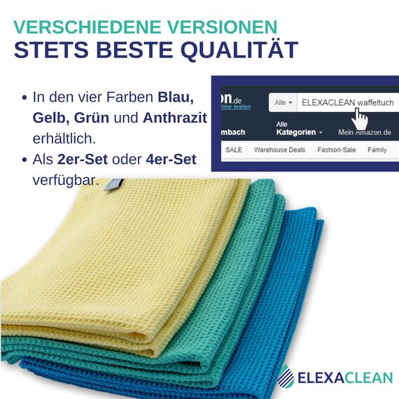 ELEXACLEAN Mikrofaser Trockentuch, Premium Waffeltuch (4 Stück, 60x40 cm, Grün) superweiche Qualität für Auto, Glas, Küche, Geschirr, Bad