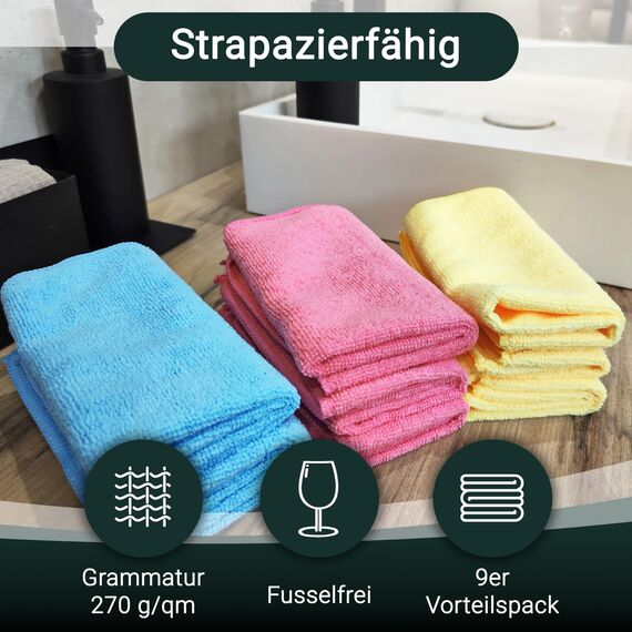 ZOLLNER 9er Set Mikrofasertücher für streifenfreien Glanz - flusenfreie und saugstarke Reinigungstücher - waschbar bis 60°C - mehrfarbig in 32x32cm - Hotelqualität