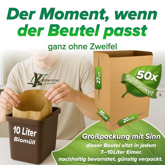 Biomüllbeutel 10L I 50Stk Bio Müllbeutel plastikfrei I Biomüllbeutel Papier nass & reißfest I Papiertüten für Biomüll I Biomülltüten Papier