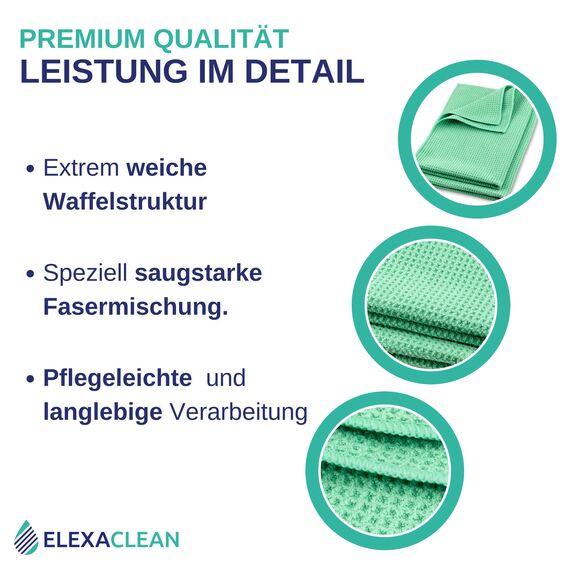 ELEXACLEAN Mikrofaser Trockentuch, Premium Waffeltuch (4 Stück, 60x40 cm, Grün) superweiche Qualität für Auto, Glas, Küche, Geschirr, Bad