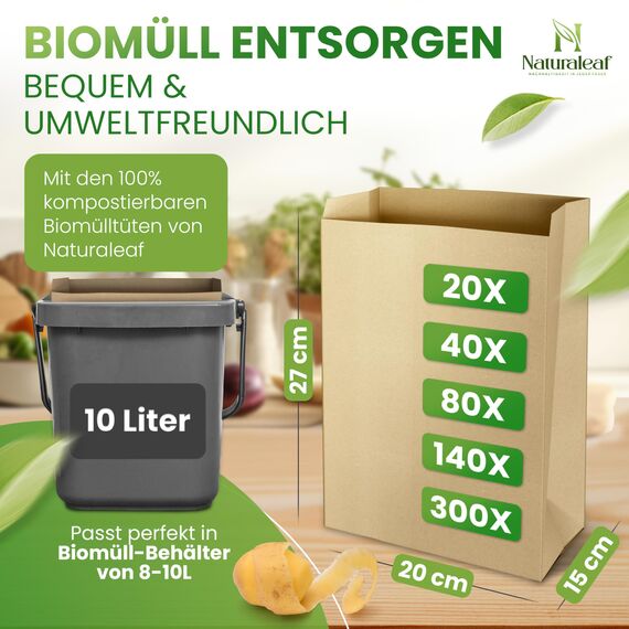 NATURALEAF® Biomüllbeutel 10L | 80 Stück | Bio Müllbeutel mit optimaler Stärke & Haltbarkeit | Kompostierbare Müllbeutel - die nachhaltige Entsorgungslösung für Gastronomie & Haushalt
