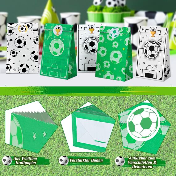 woric 20 Stück Papiertüten Fussball, 4 Stile Fussball Mitgebsel Tüten Geburtstagstüten Partytüten mit 24 Aufkleber für Valentinstag Ostern Deko Geburtstag Kinder Mottoparty Giveaways