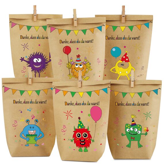 Monster Geschenktüten Monster Papiertüten, 24 süßen Monster Tüten mit 6 Verschiedenen süßen Monstermotiven für Mitgebsel, Kinder Geschenke, Gast, Giveaways, Kindergeburtstag, Halloween Party