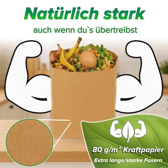 Biomüllbeutel 20L I 50Stk Bio Müllbeutel plastikfrei I Biomüllbeutel Papier nass & reißfest I Papiertüten für Biomüll I Biomülltüten Papier