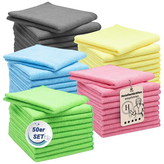 ZOLLNER 50er Set Mikrofasertücher für streifenfreien Glanz - flusenfreie und saugstarke Reinigungstücher - waschbar bis 60°C - 32x32cm - Hotelqualität