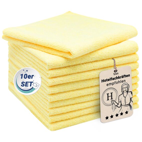 ZOLLNER 10er Set Mikrofasertücher für streifenfreien Glanz - flusenfreie und saugstarke Reinigungstücher - waschbar bis 60°C - 32x32cm in gelb - Hotelqualität
