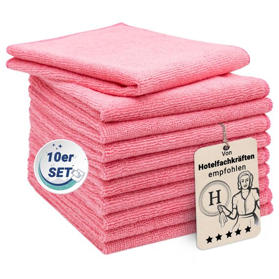 ZOLLNER 10er Set Mikrofasertücher für streifenfreien Glanz - flusenfreie und saugstarke Reinigungstücher - waschbar bis 60°C - 32x32cm in rosa - Hotelqualität