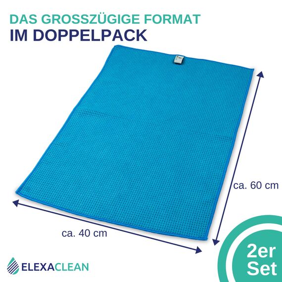 ELEXACLEAN Mikrofaser Trockentuch, Premium Waffeltuch (2 Stück, 60x40 cm, Blau) superweiche Qualität für Auto, Glas, Küche, Geschirr, Bad