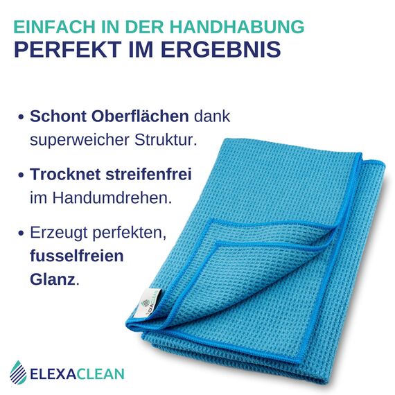 ELEXACLEAN Mikrofaser Trockentuch, Premium Waffeltuch (2 Stück, 60x40 cm, Blau) superweiche Qualität für Auto, Glas, Küche, Geschirr, Bad